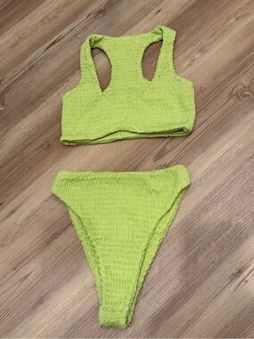 naked wardrobe Lime Green Smocked/Crinkle Bikini Set-Size XS